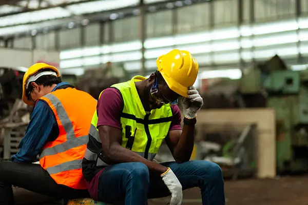 Two men working in construction sit back to back, looking tired.