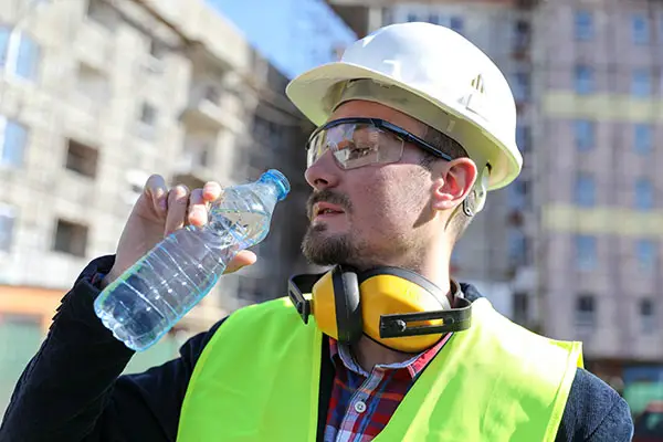 Man at construction site drinks water