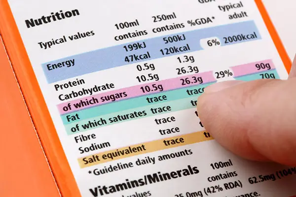 A finger checking a nutritional label