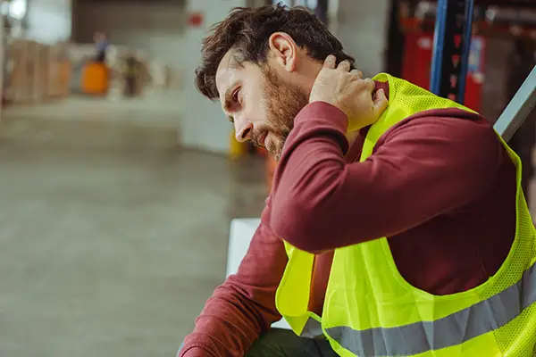 Pained man in high vis vest rubs his neck