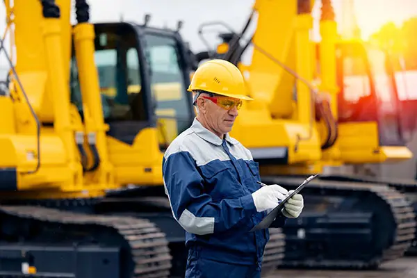 Senior male construction worker holds tablet with excavators behind him