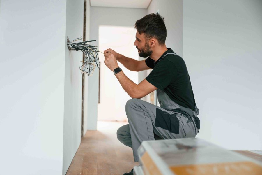 Electrician is working with wires indoors in the room.
